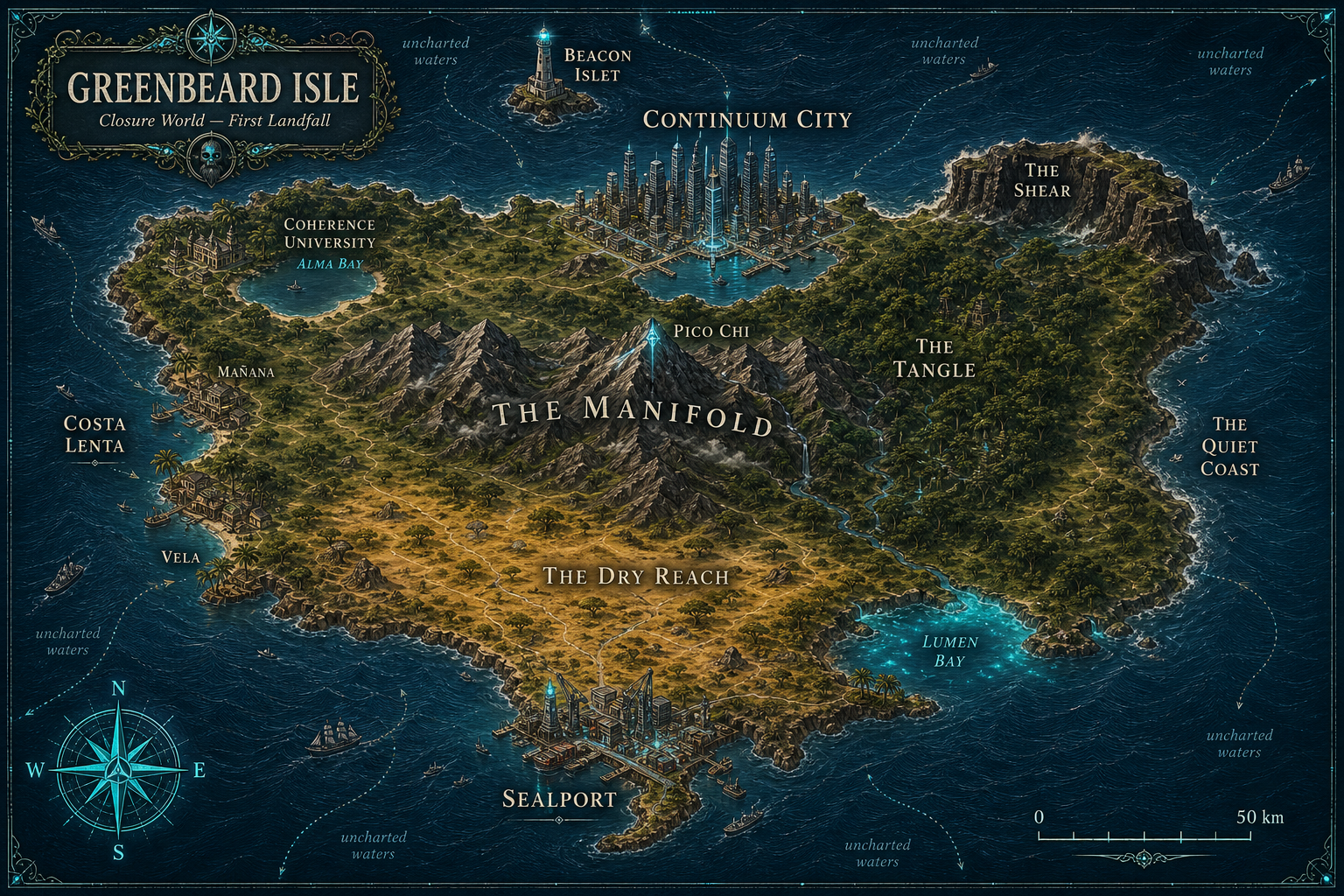 Map of Greenbeard Isle — the first island of Closure World